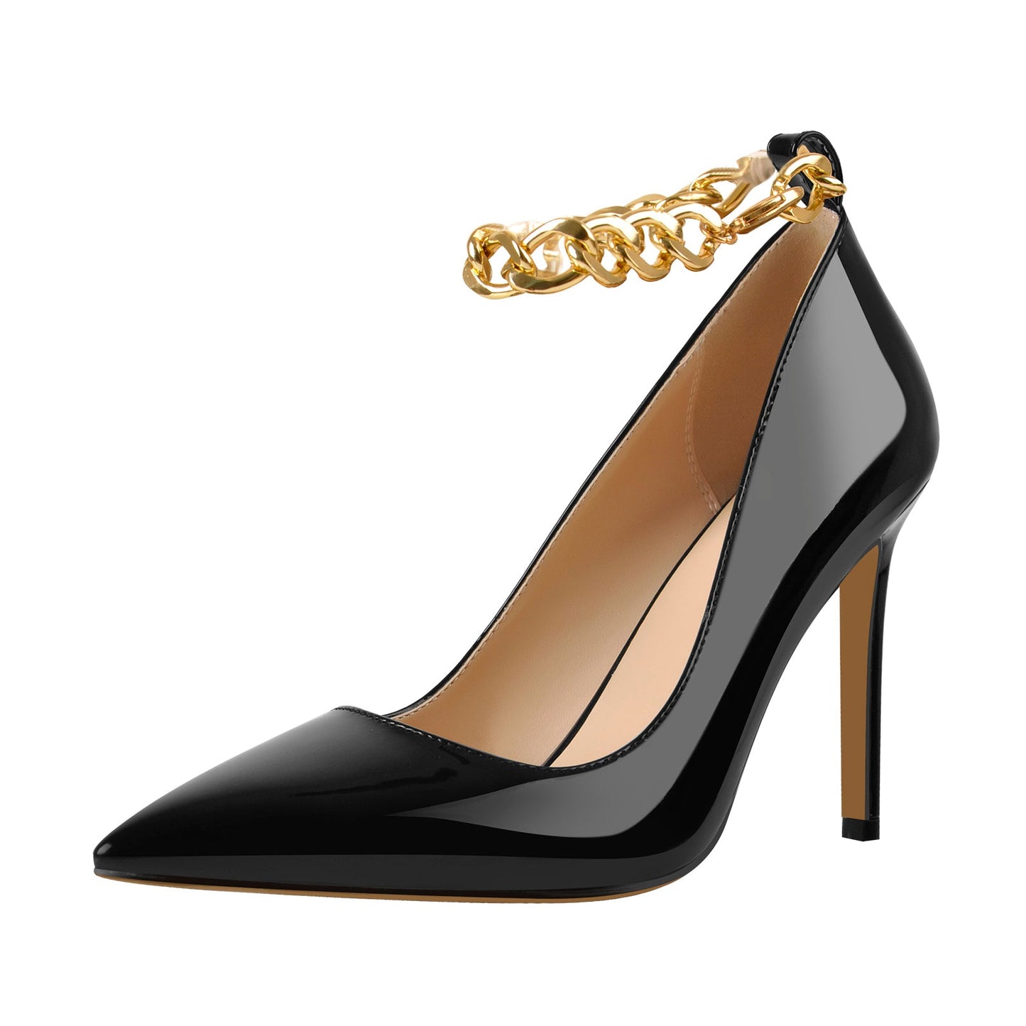 Patent Leather Ankle Chains Pointed Toe Pumps - Onlymaker
