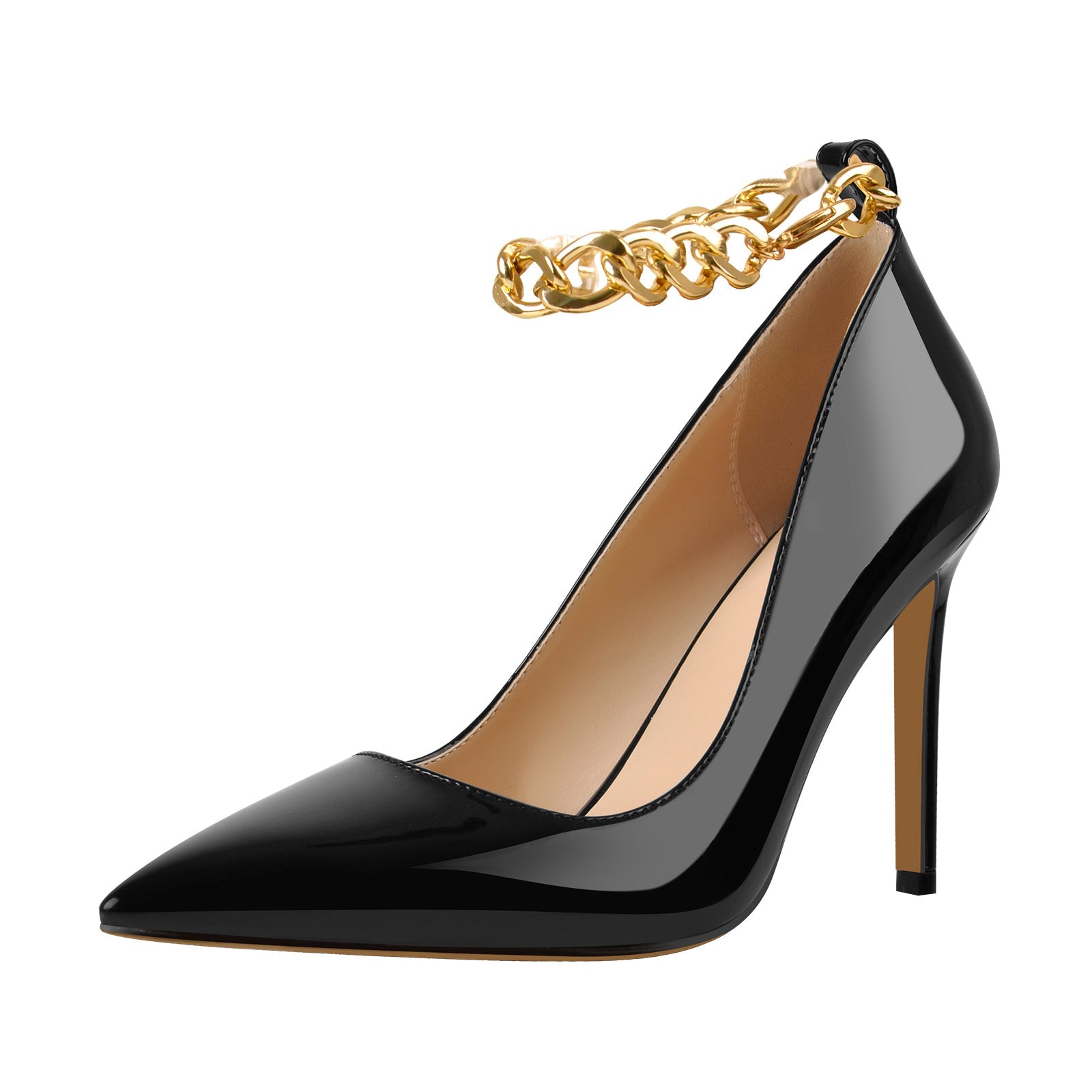 Patent Leather Ankle Chains Pointed Toe Pumps - Onlymaker