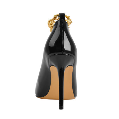 Patent Leather Ankle Chains Pointed Toe Pumps - Onlymaker