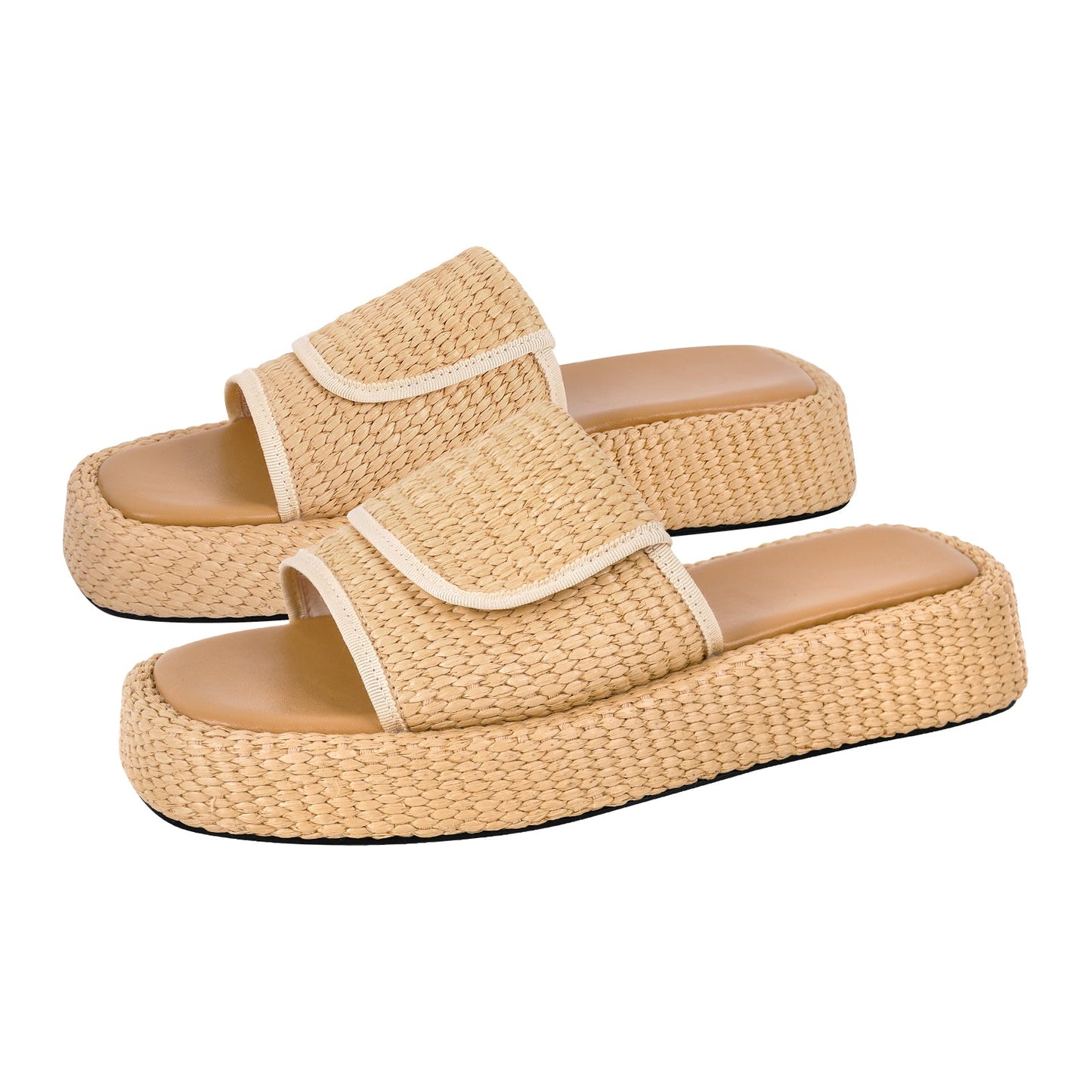 Straw Platform Square Toe Flats Slippers - Onlymaker