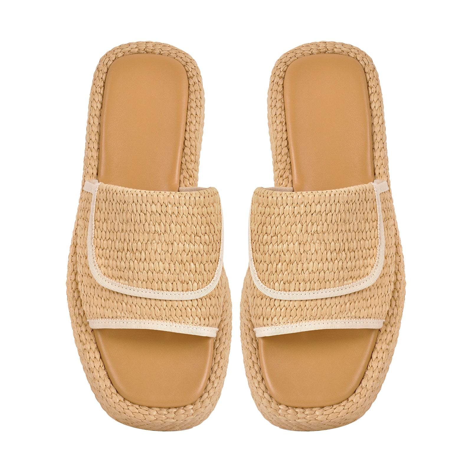 Straw Platform Square Toe Flats Slippers - Onlymaker