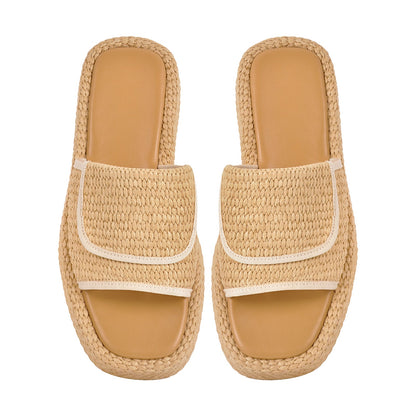 Straw Platform Square Toe Flats Slippers - Onlymaker