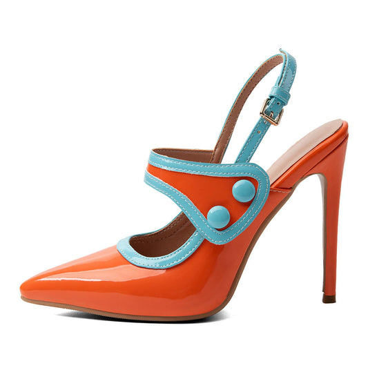 Pointed Toe Color Block Button Slingback Pumps - Onlymaker