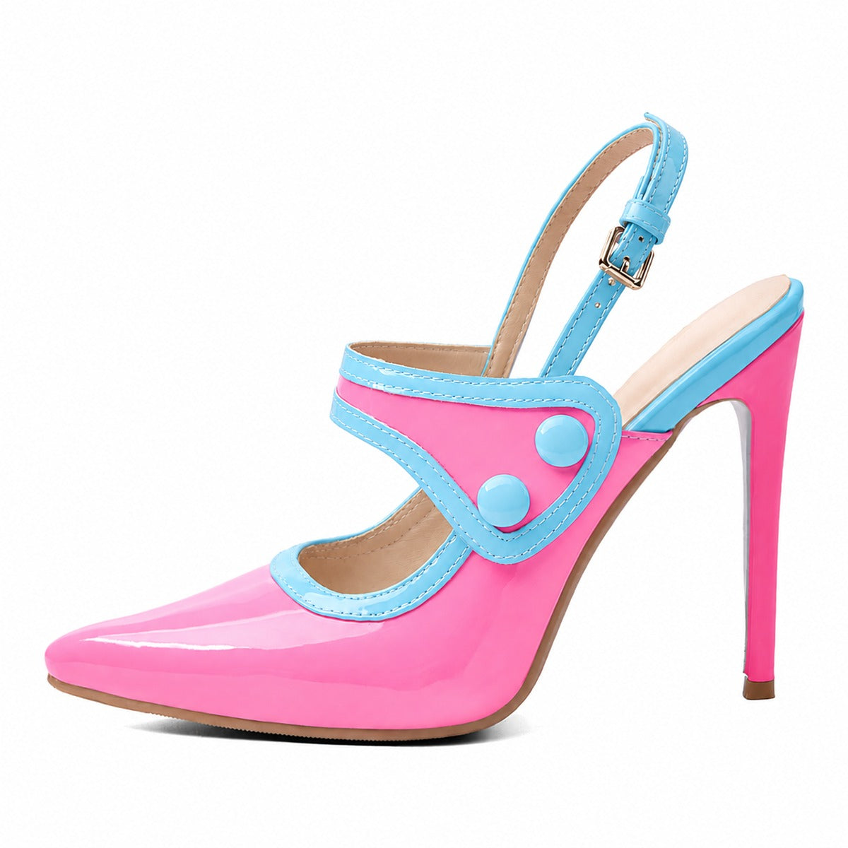 Pointed Toe Color Block Button Slingback Pumps - Onlymaker