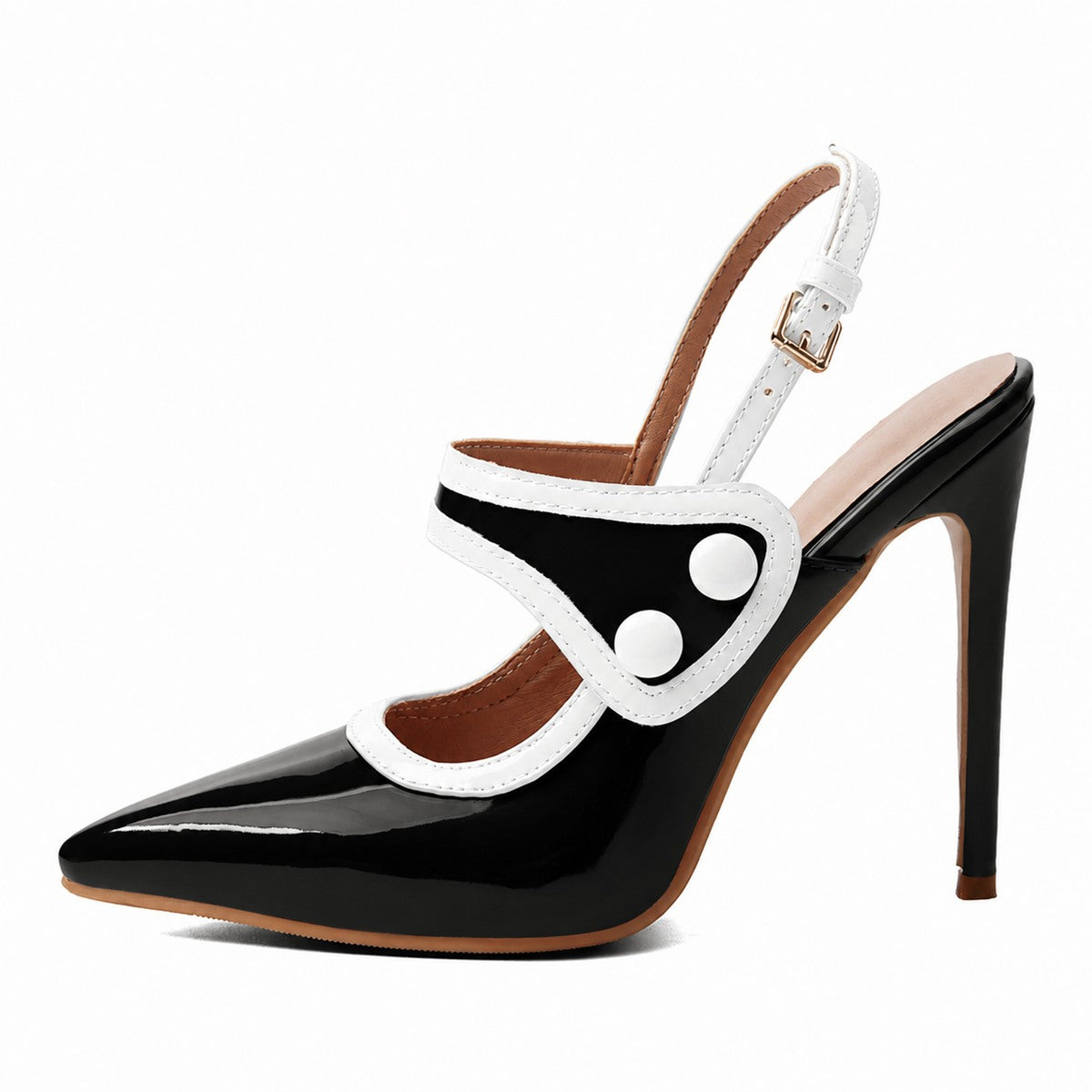 Pointed Toe Color Block Button Slingback Pumps - Onlymaker
