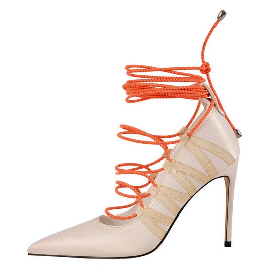 Pointed Toe Gladiator Lace-up Satin Pumps - Onlymaker