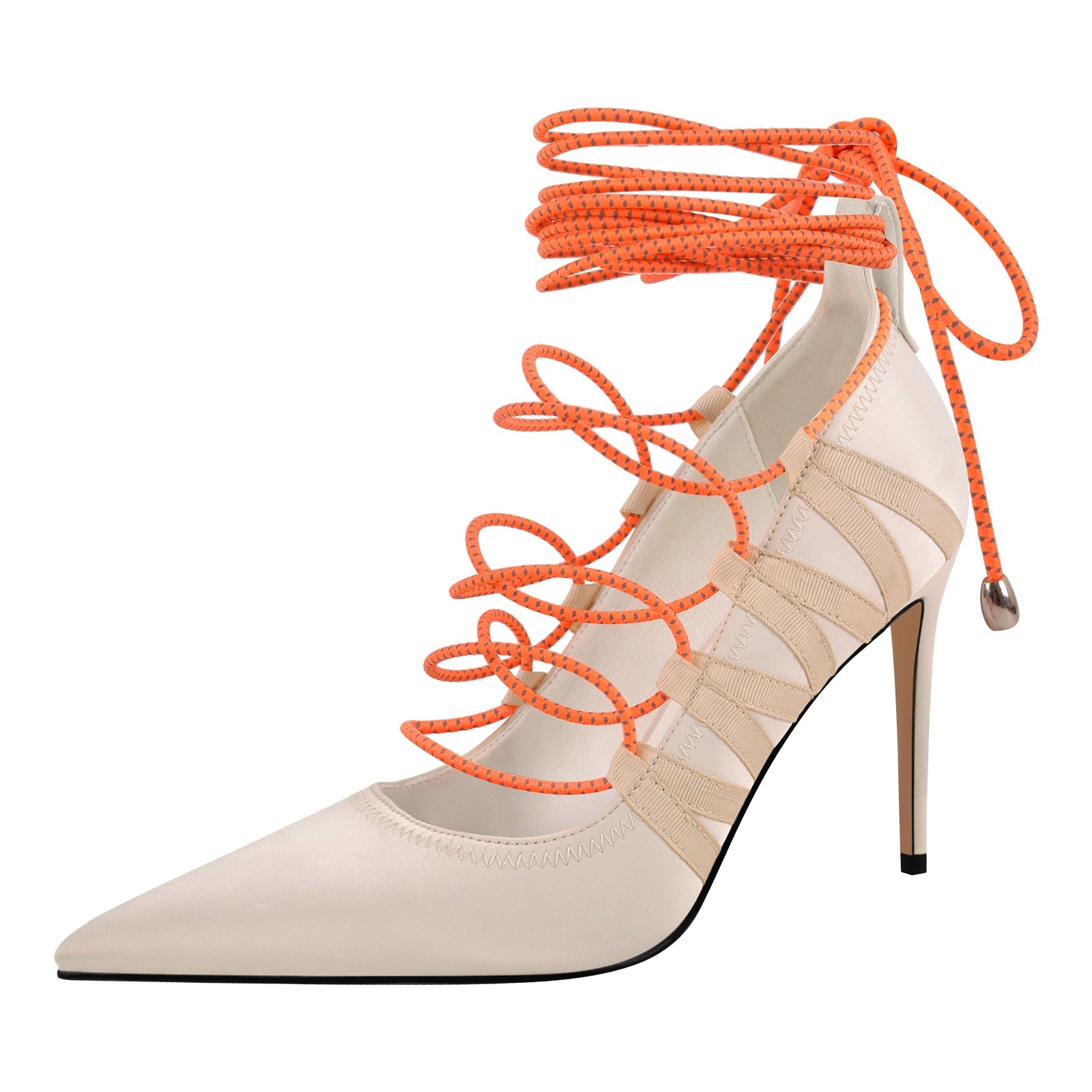 Pointed Toe Gladiator Lace-up Satin Pumps - Onlymaker