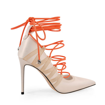 Pointed Toe Gladiator Lace-up Satin Pumps - Onlymaker