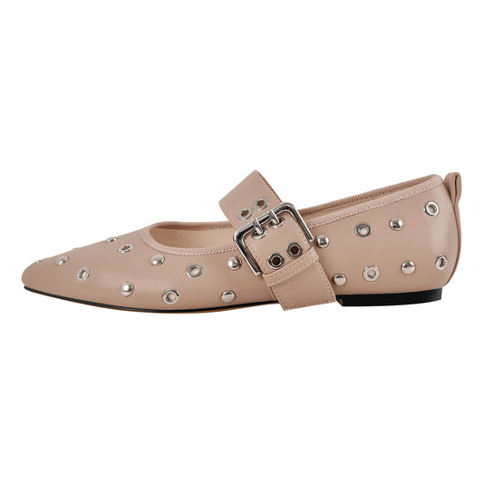 Pointed Toe Rivet Buckle Strap Flats - Onlymaker