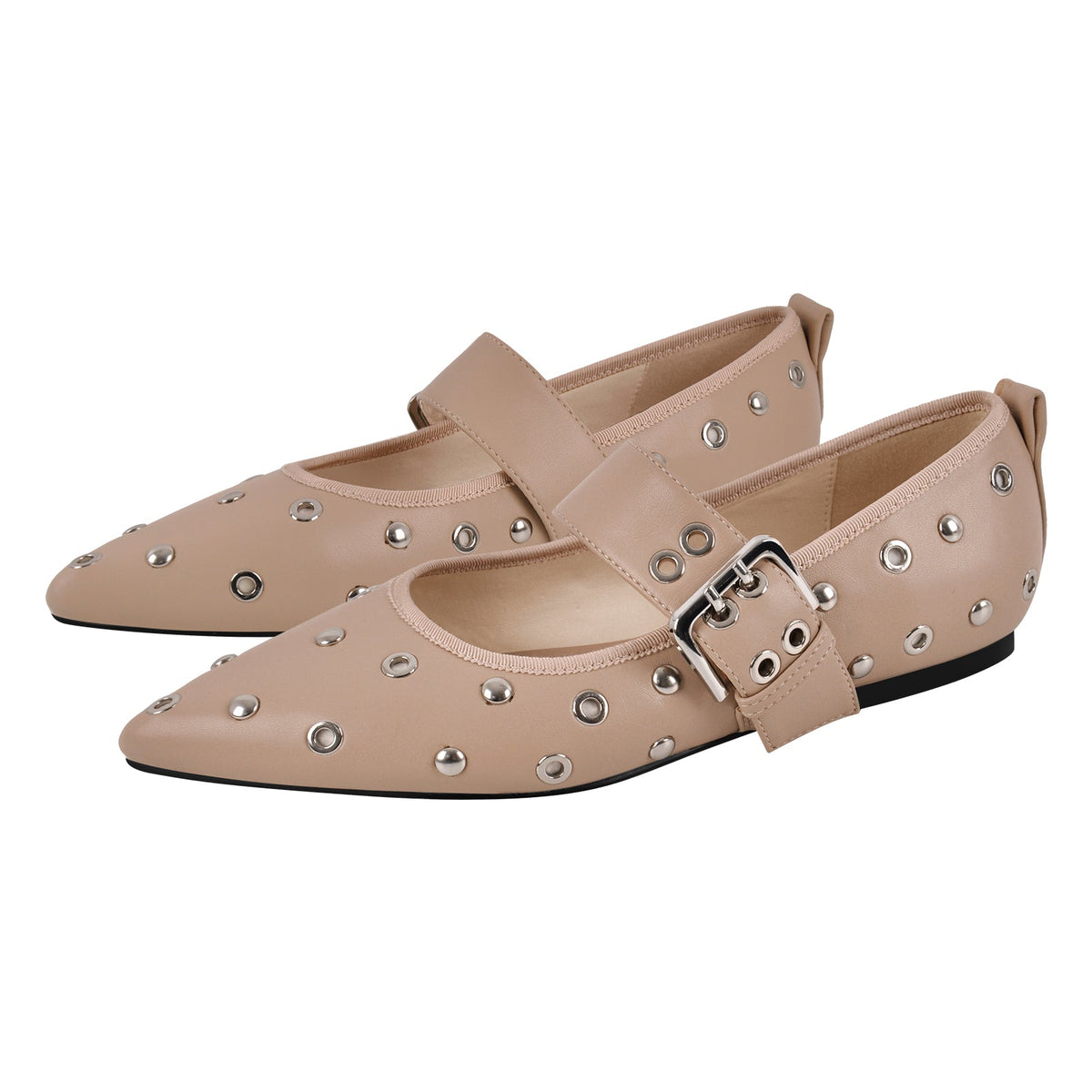 Pointed Toe Rivet Buckle Strap Flats - Onlymaker