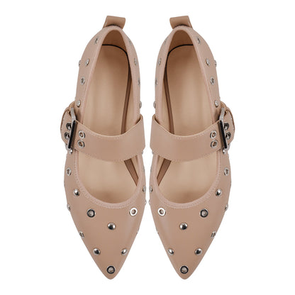 Pointed Toe Rivet Buckle Strap Flats - Onlymaker