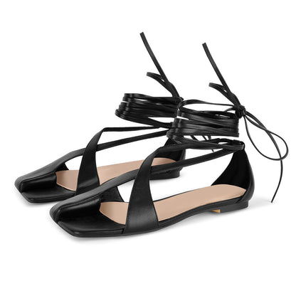 Square Toe Semi Open Toe Lace-up Flats - Onlymaker